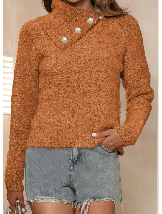 Online Women's Sweater Casual Soft Pure Color Ribbed Shirt Collar Buttons Knitted Long Sleeve Regular Tops Knit Outdoor Daily Weekend Brown Green Fall Winter Women Hoodies & Sweatshirts