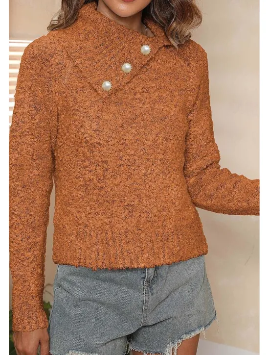 Online Women's Sweater Casual Soft Pure Color Ribbed Shirt Collar Buttons Knitted Long Sleeve Regular Tops Knit Outdoor Daily Weekend Brown Green Fall Winter Women Hoodies & Sweatshirts