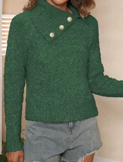 Online Women's Sweater Casual Soft Pure Color Ribbed Shirt Collar Buttons Knitted Long Sleeve Regular Tops Knit Outdoor Daily Weekend Brown Green Fall Winter Women Hoodies & Sweatshirts