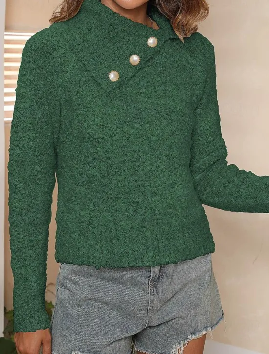 Online Women's Sweater Casual Soft Pure Color Ribbed Shirt Collar Buttons Knitted Long Sleeve Regular Tops Knit Outdoor Daily Weekend Brown Green Fall Winter Women Hoodies & Sweatshirts