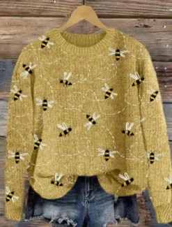 New Women's Sweater Casual Soft Graphic Ribbed Crew Neck Knitted Print Long Sleeve Regular Tops Knit Outdoor Daily Weekend Yellow Green Fall Winter Women Pullovers & Tops