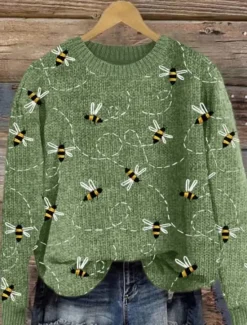 New Women's Sweater Casual Soft Graphic Ribbed Crew Neck Knitted Print Long Sleeve Regular Tops Knit Outdoor Daily Weekend Yellow Green Fall Winter Women Pullovers & Tops