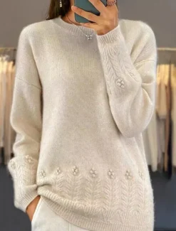 Outlet Women's Sweater Casual Soft Pure Color Ribbed Crew Neck Knitted Long Sleeve Regular Tops Knit Outdoor Daily Weekend Pink Blue Fall Winter Women Pullovers & Tops