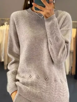 Outlet Women's Sweater Casual Soft Pure Color Ribbed Crew Neck Knitted Long Sleeve Regular Tops Knit Outdoor Daily Weekend Pink Blue Fall Winter Women Pullovers & Tops
