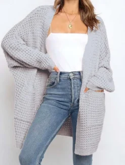 New Women's Sweater Casual Solid Color Chunky Open Front Knitted Textured Long Sleeve Long Tops Knit Home Work Pink Gray Fall Winter Women Cardigans & Outerwears