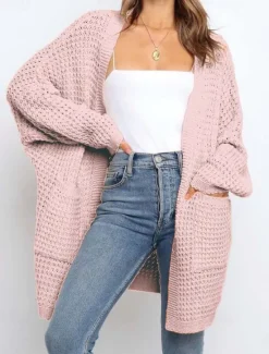 New Women's Sweater Casual Solid Color Chunky Open Front Knitted Textured Long Sleeve Long Tops Knit Home Work Pink Gray Fall Winter Women Cardigans & Outerwears