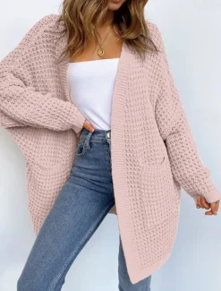 New Women's Sweater Casual Solid Color Chunky Open Front Knitted Textured Long Sleeve Long Tops Knit Home Work Pink Gray Fall Winter Women Cardigans & Outerwears