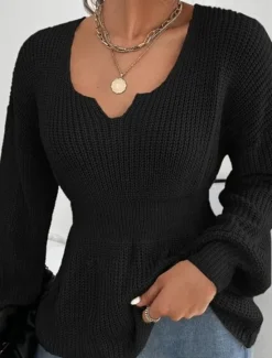 New Women's Sweater Casual Solid Color V Neck V Neck Long Sleeve Regular Tops Knit Outdoor Daily Weekend Black Red Fall Winter Women Pullovers & Tops