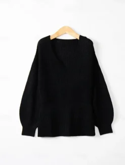 New Women's Sweater Casual Solid Color V Neck V Neck Long Sleeve Regular Tops Knit Outdoor Daily Weekend Black Red Fall Winter Women Pullovers & Tops