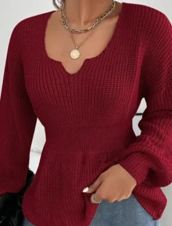 New Women's Sweater Casual Solid Color V Neck V Neck Long Sleeve Regular Tops Knit Outdoor Daily Weekend Black Red Fall Winter Women Pullovers & Tops