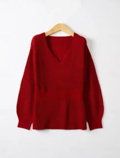 New Women's Sweater Casual Solid Color V Neck V Neck Long Sleeve Regular Tops Knit Outdoor Daily Weekend Black Red Fall Winter Women Pullovers & Tops