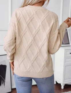 Outlet Women's Sweater Casual Solid Color Geometric Crew Neck Knitted Long Sleeve Long Tops Knit Work Black Beige Fall Winter Women Pullovers & Tops