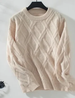 Outlet Women's Sweater Casual Solid Color Geometric Crew Neck Knitted Long Sleeve Long Tops Knit Work Black Beige Fall Winter Women Pullovers & Tops