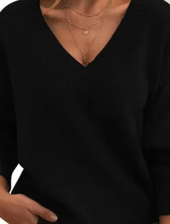 Sale Women's Sweater Casual Sweater Fashion Streetwear Stylish Solid Color V Neck V Neck Long Sleeve Regular Tops Knit Work Black White Fall Winter Women Pullovers & Tops