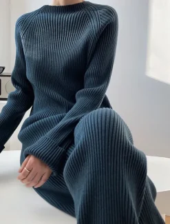 Hot Women's Sweater Co-ords Elegant Fashion Casual Solid Color Ribbed Boat Neck Knitted Long Sleeve Regular Tops Knit Work Blue Khaki Fall Winter Women Sweater Co-Ords