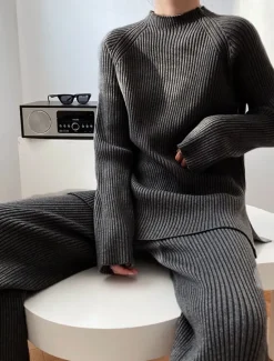 Hot Women's Sweater Co-ords Elegant Fashion Casual Solid Color Ribbed Boat Neck Knitted Long Sleeve Regular Tops Knit Work Blue Khaki Fall Winter Women Sweater Co-Ords
