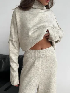Clearance Women's Sweater Co-ords Sweater Set Casual Soft Pure Color Ribbed Turtleneck Split Knitted Long Sleeve Regular Tops Knit Outdoor Daily Weekend Khaki Dark Gray Fall Winter Women Sweater Co-Ords