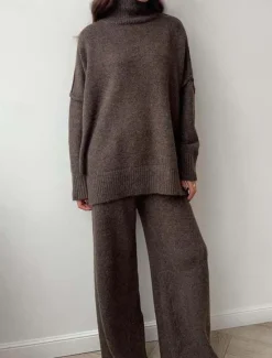 Clearance Women's Sweater Co-ords Sweater Set Casual Soft Pure Color Ribbed Turtleneck Split Knitted Long Sleeve Regular Tops Knit Outdoor Daily Weekend Khaki Dark Gray Fall Winter Women Sweater Co-Ords