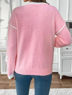 Discount Women's Sweater Crew Neck Knit Embroidery Spring Fall Elegant 3/4 Length Sleeve Solid Color Women Hoodies & Sweatshirts