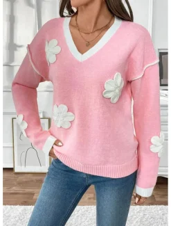 Discount Women's Sweater Crew Neck Knit Embroidery Spring Fall Elegant 3/4 Length Sleeve Solid Color Women Hoodies & Sweatshirts