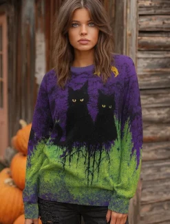 Sale Women's Sweater Cute Streetwear Casual Graphic Animal Crew Neck Patchwork Knitted Long Sleeve Regular Tops Knit Work Halloween Ginger Purple Fall Winter Women Pullovers & Tops