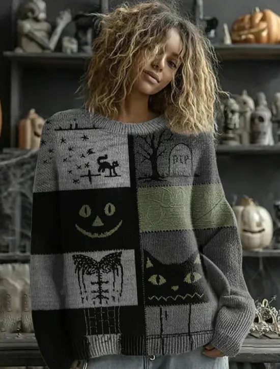 Best Women's Sweater Cute Streetwear Casual Graphic Animal Crew Neck Patchwork Knitted Long Sleeve Regular Tops Knit Work Halloween Orange Brown Fall Winter Women Pullovers & Tops
