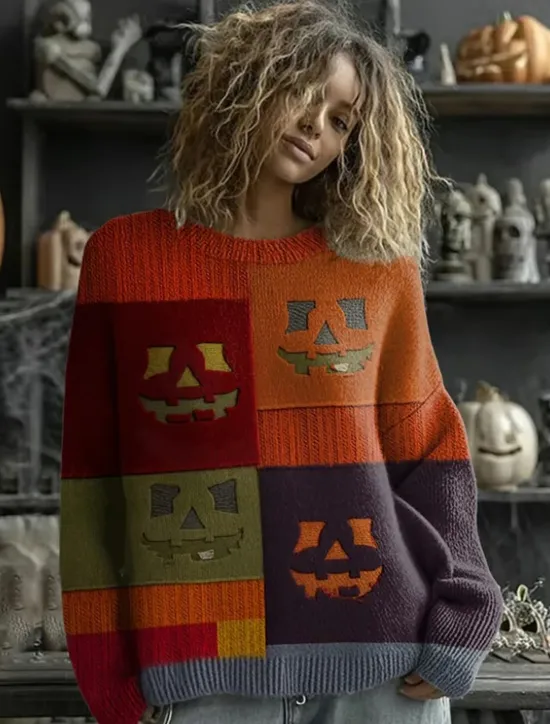 Best Women's Sweater Cute Streetwear Casual Graphic Animal Crew Neck Patchwork Knitted Long Sleeve Regular Tops Knit Work Halloween Orange Brown Fall Winter Women Pullovers & Tops