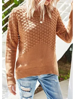 Best Women's Sweater Daily Casual Solid Color Crew Neck Knitted Textured Long Sleeve Long Tops Knit Home Work Weekend Red Brown Fall Winter Women Pullovers & Tops