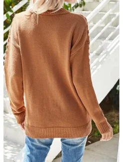 Best Women's Sweater Daily Casual Solid Color Crew Neck Knitted Textured Long Sleeve Long Tops Knit Home Work Weekend Red Brown Fall Winter Women Pullovers & Tops