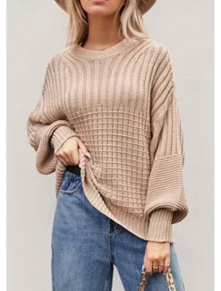 Sale Women's Sweater Daily Casual Pure Color Crew Neck Knitted Textured Lantern Sleeve Long Sleeve Long Tops Knit Formal Home Work Green Khaki Fall Winter Women Pullovers & Tops