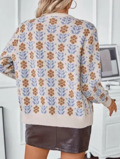 Best Women's Sweater Daily Casual Graphic Print Open Front Floral Knitted Long Sleeve Regular Tops Knit Home Work Brown Gray Fall Winter Women Cardigans & Outerwears|Pullovers & Tops