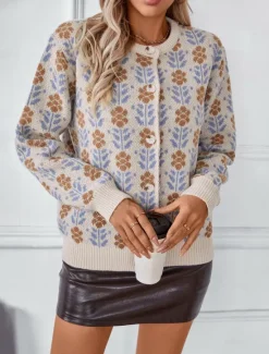 Best Women's Sweater Daily Casual Graphic Print Open Front Floral Knitted Long Sleeve Regular Tops Knit Home Work Brown Gray Fall Winter Women Cardigans & Outerwears|Pullovers & Tops