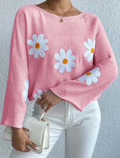 New Women's Sweater Daily Casual Floral Graphic Print Crew Neck Knitted Long Sleeve Long Tops Knit Home Work Daily Pink Blue Fall Winter Women Pullovers & Tops