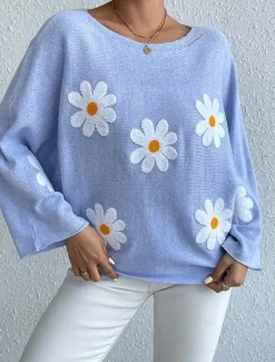 New Women's Sweater Daily Casual Floral Graphic Print Crew Neck Knitted Long Sleeve Long Tops Knit Home Work Daily Pink Blue Fall Winter Women Pullovers & Tops