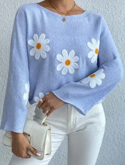 New Women's Sweater Daily Casual Floral Graphic Print Crew Neck Knitted Long Sleeve Long Tops Knit Home Work Daily Pink Blue Fall Winter Women Pullovers & Tops