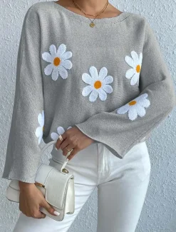 New Women's Sweater Daily Casual Floral Graphic Print Crew Neck Knitted Long Sleeve Long Tops Knit Home Work Daily Pink Blue Fall Winter Women Pullovers & Tops