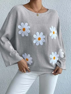 New Women's Sweater Daily Casual Floral Graphic Print Crew Neck Knitted Long Sleeve Long Tops Knit Home Work Daily Pink Blue Fall Winter Women Pullovers & Tops
