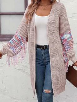 Women's Sweater Daily Solid Color Shirt Collar Tassel Long Sleeve Long Tops Knit Home Work Black Pink Fall Winter Women Cardigans & Outerwears