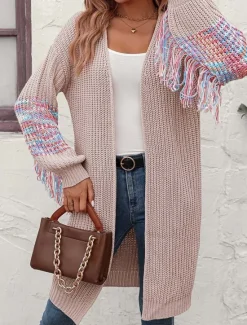 Women's Sweater Daily Solid Color Shirt Collar Tassel Long Sleeve Long Tops Knit Home Work Black Pink Fall Winter Women Cardigans & Outerwears