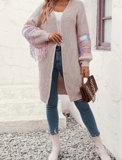 Women's Sweater Daily Solid Color Shirt Collar Tassel Long Sleeve Long Tops Knit Home Work Black Pink Fall Winter Women Cardigans & Outerwears
