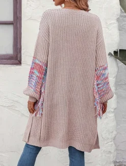 Women's Sweater Daily Solid Color Shirt Collar Tassel Long Sleeve Long Tops Knit Home Work Black Pink Fall Winter Women Cardigans & Outerwears