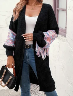 Women's Sweater Daily Solid Color Shirt Collar Tassel Long Sleeve Long Tops Knit Home Work Black Pink Fall Winter Women Cardigans & Outerwears