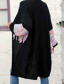 Women's Sweater Daily Solid Color Shirt Collar Tassel Long Sleeve Long Tops Knit Home Work Black Pink Fall Winter Women Cardigans & Outerwears