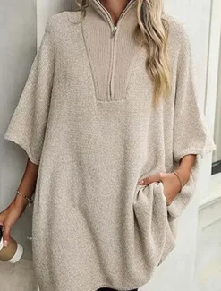 Outlet Women's Sweater Deep V Knit Quarter Zip Fall Winter Daily Casual Half Sleeve Solid Color Black White Women Pullovers & Tops