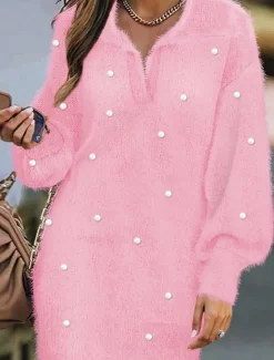 Clearance Women's Sweater Elegant Casual Soft Pearl Pure Color Ribbed Shirt Collar Knitted Long Sleeve Regular Tops Knit Outdoor Daily Weekend Fall Winter Women Hoodies & Sweatshirts