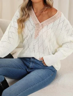 New Women's Sweater Elegant Daily Solid Color V Neck Lace Patchwork Long Sleeve Regular Tops Knit Home Work Black White Fall Winter Women Pullovers & Tops