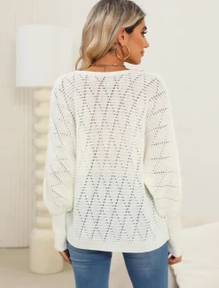 New Women's Sweater Elegant Daily Solid Color V Neck Lace Patchwork Long Sleeve Regular Tops Knit Home Work Black White Fall Winter Women Pullovers & Tops
