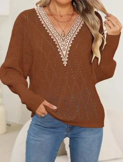New Women's Sweater Elegant Daily Solid Color V Neck Lace Patchwork Long Sleeve Regular Tops Knit Home Work Black White Fall Winter Women Pullovers & Tops