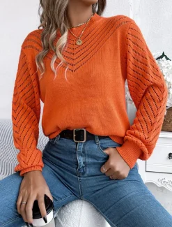 Outlet Women's Sweater Elegant Daily Plaid Pure Color Crew Neck Hollow Out Long Sleeve Regular Tops Knit Work White Orange Fall Winter Women Pullovers & Tops