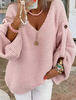 Sale Women's Sweater Elegant Fashion Daily Solid Color V Neck Knitted Textured Long Sleeve Regular Tops Knit Work Pink Red Fall Winter Women Pullovers & Tops